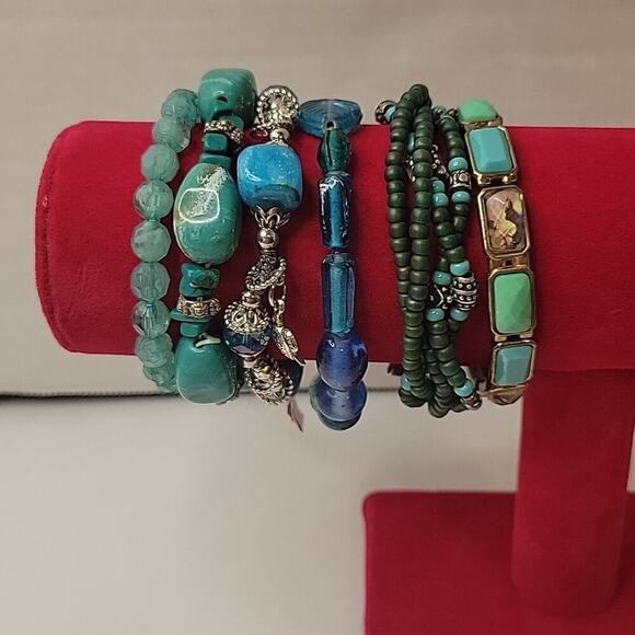 Jewelry - Lot of 6 Green and Blue Beaded Slip-on Southwestern Boho Bracelets